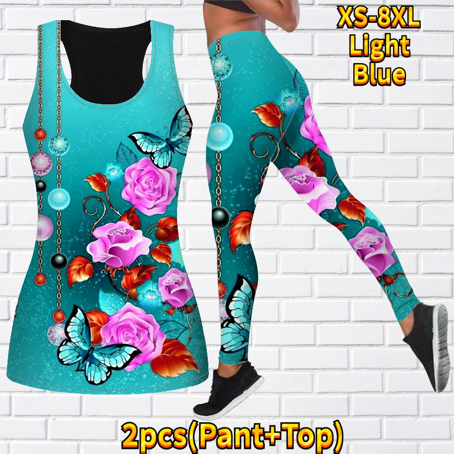 Women\'s Fashion 3D Blossom Print Tank Top and Tights Summer Sleeveless Slim Fit Tank Top Yoga Set XS-8XL