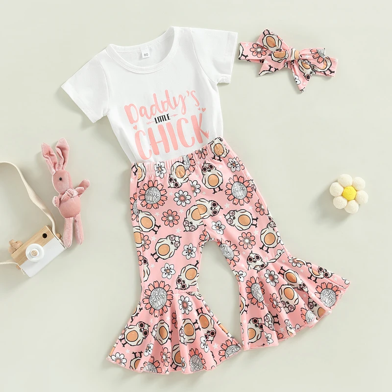 

Toddler Baby Girl Easter Outfit Sets White Short Sleeve Letter Print Tops + Chicken Print Flared Pants + Headband 3pcs Suit 0-3Y