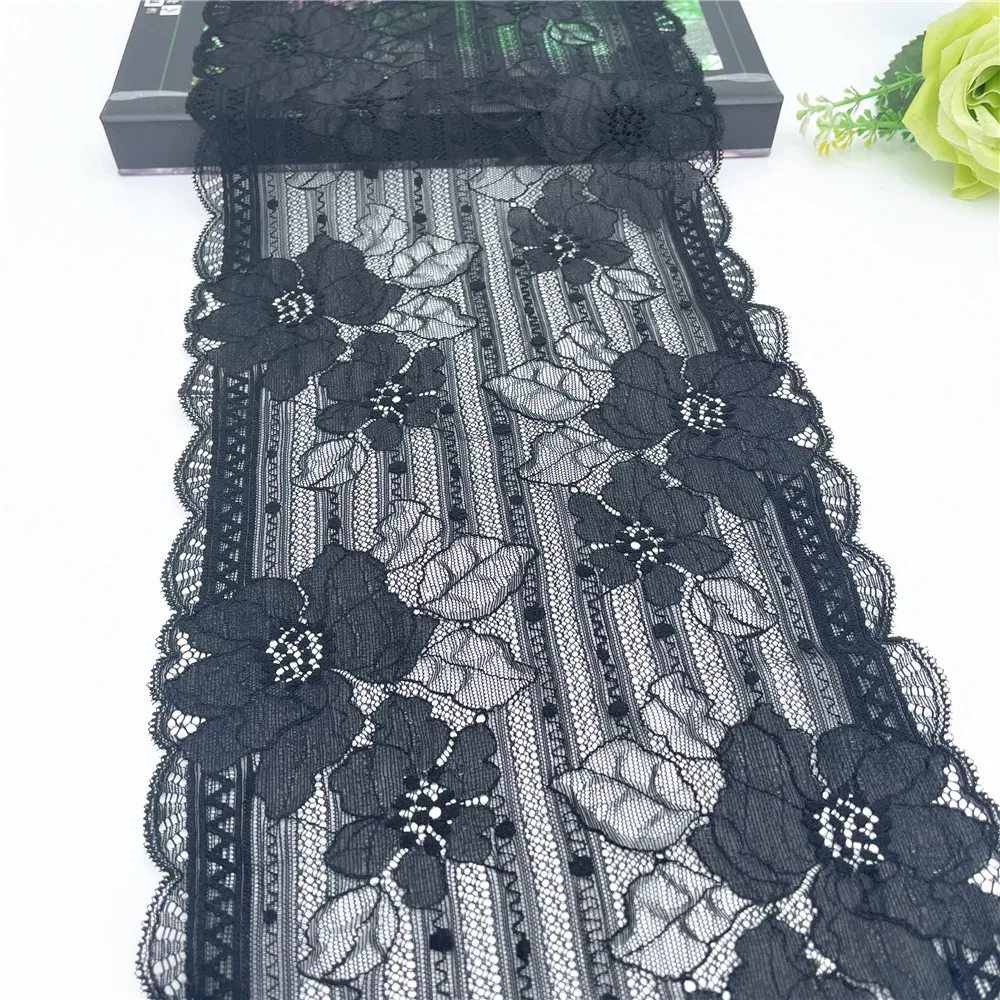 3y/lot 19.50cm Black Floral Elastic Stretch Lace Trim 4