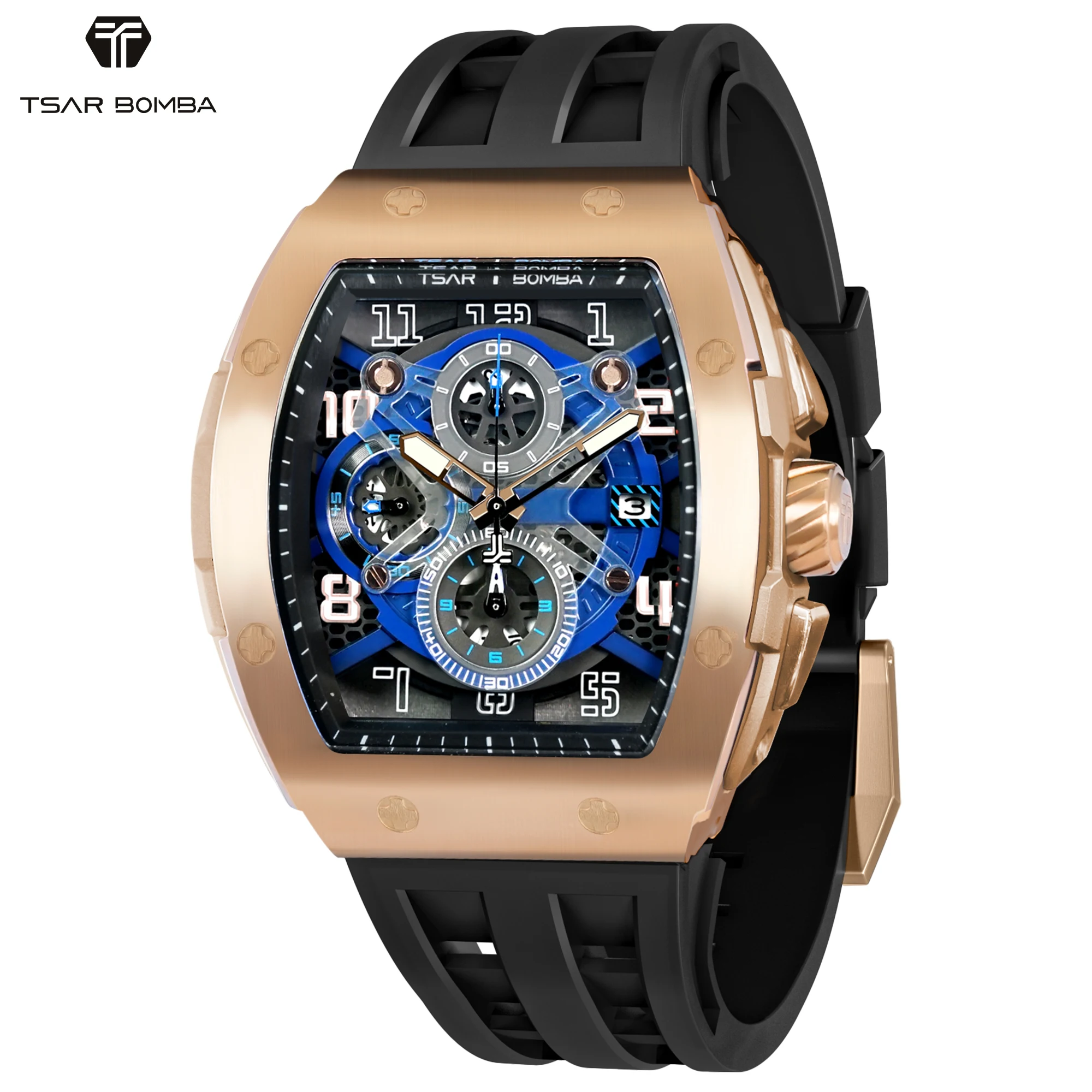 TSAR BOMBA Herren-Quarzuhr – 50 m wasserdicht, luxuriöses Tonneau-Design, mit Chronograph- und Kalenderfunktionen. Edelstahlgehäuse mit importiertem japanischem Uhrwerk – ein ideales Geschenk für Herren. – Detail 18