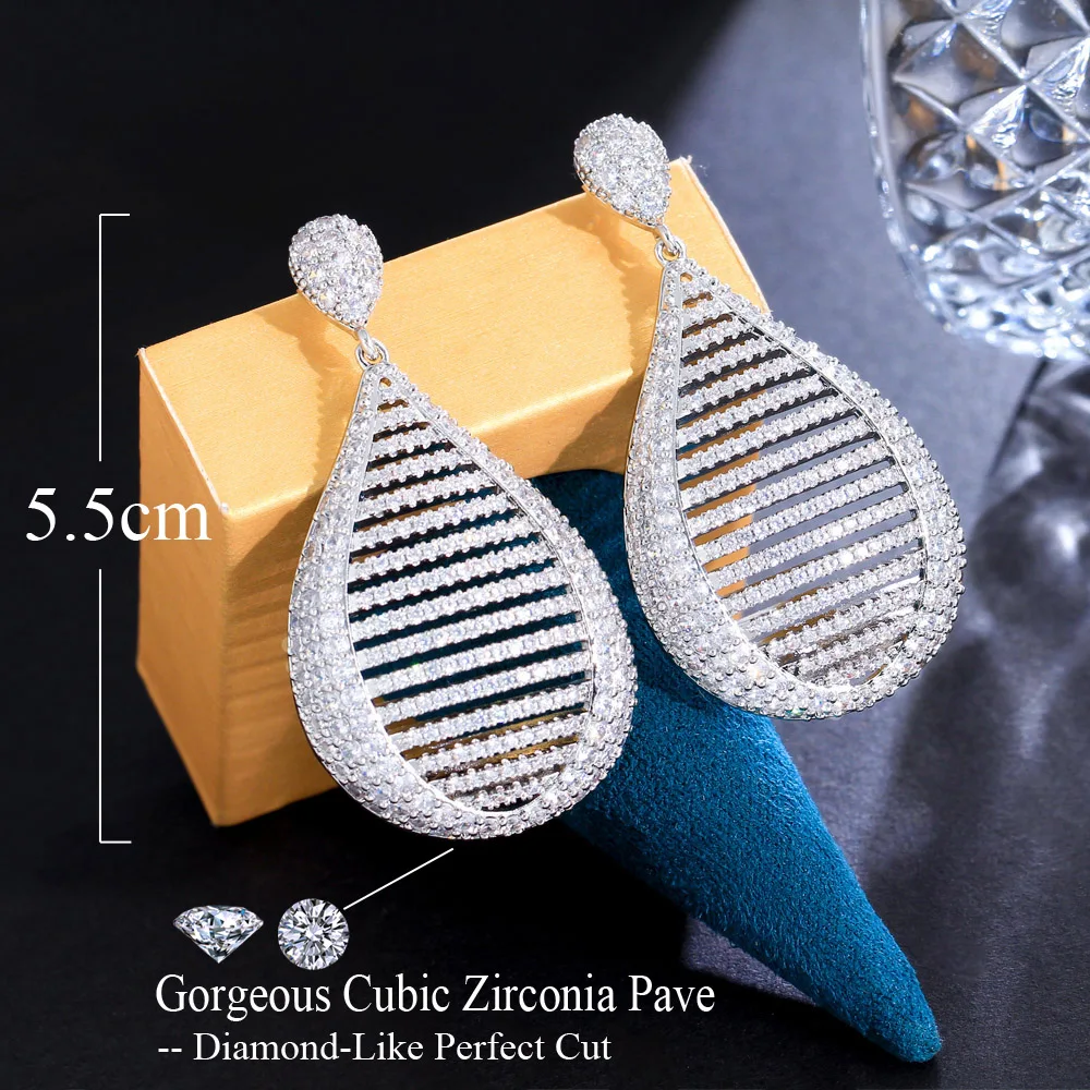 CWWZircons Heavy Stone Work Full Cubic Zirconia Paved Hollow Out Luxury Long Big Dangle Drop Wedding Earrings for Brides CZ522