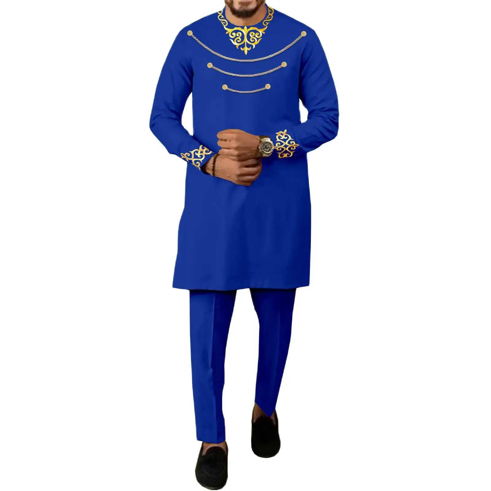 

New Fashion African Clothes for Men Three Chain Embroidery Blazer and Pants 2 Piece Set Bazin Riche Outfits for Wedding Evening