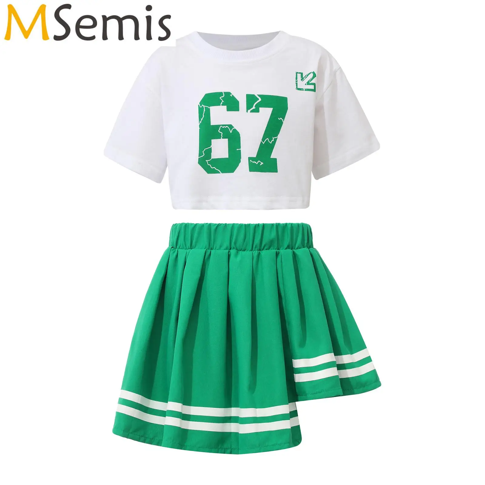 

Kids Girls Vibrant Modern Cheer Dance Outfit T-shirt Pleated Skirt Set Jazz Dance Street Dance Cheerleading Performance Costume