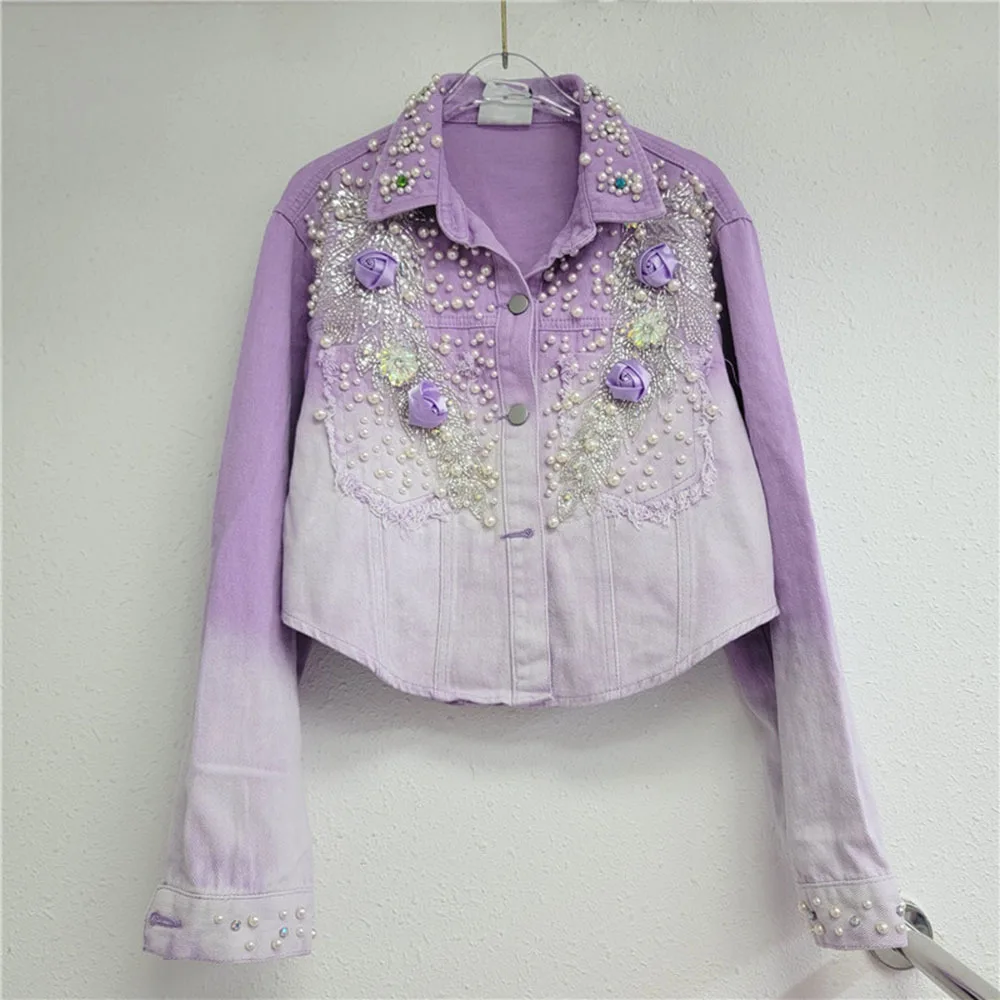 

Street 3D Flower Pearl Embroidery Jean Jacket For Women Beads Gradient Color Denim Short Coat Lady Coats Top 2023 Autumn Outwear