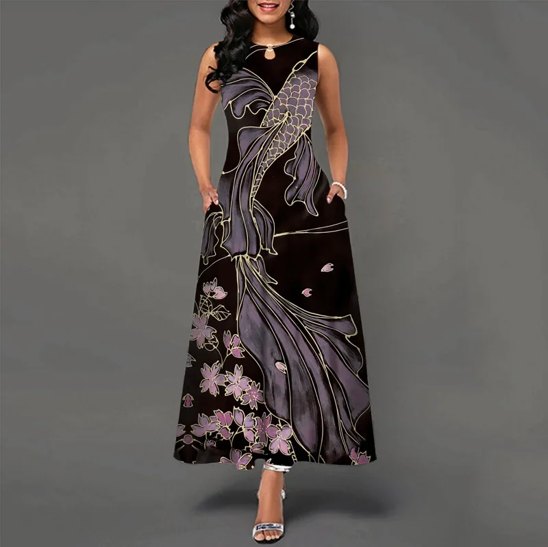 thumbnail image 1 of Vestido largo informal sin mangas con estampado de flores para mujer, cuello en V, estilo bohemio retro, 1 of 5