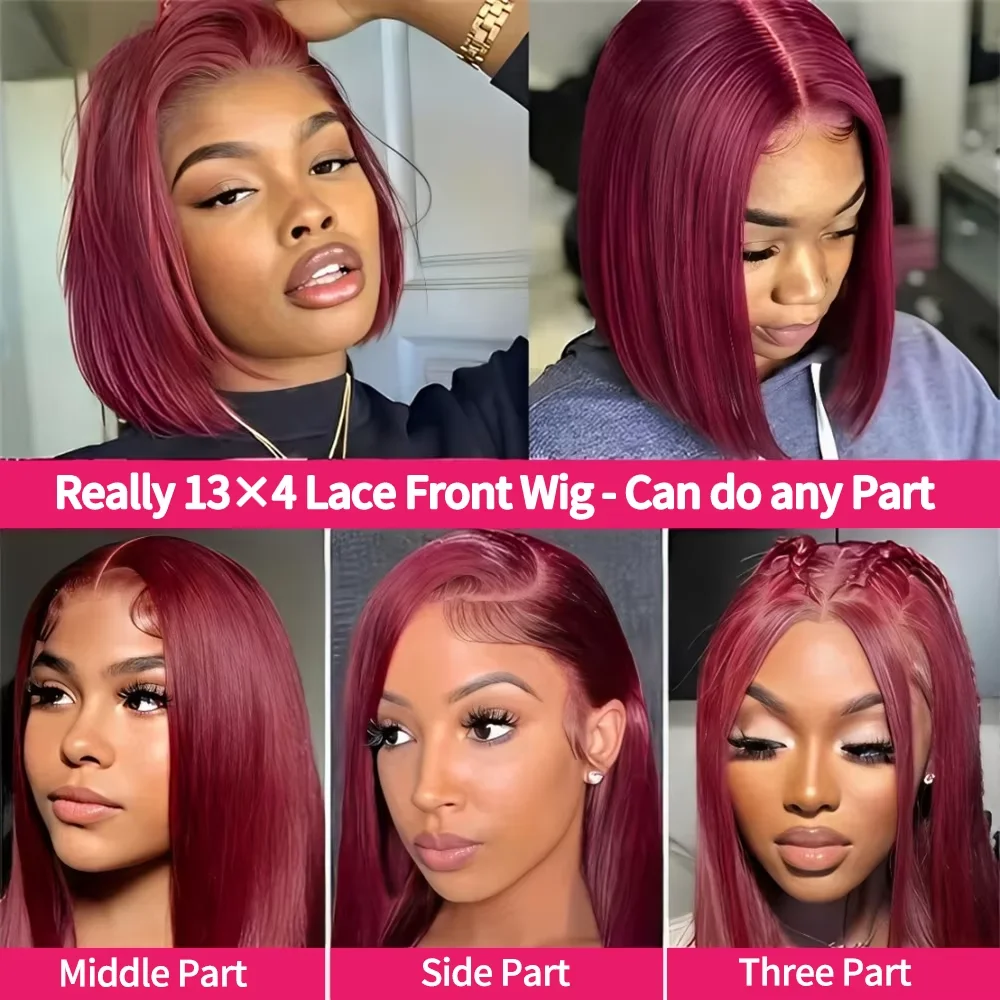 99J Short Bob HD Lace Human Hair Wigs Brazilian Burgundy Straight 13x4 Lace Front Wig For Women Pre Plucked Hairline