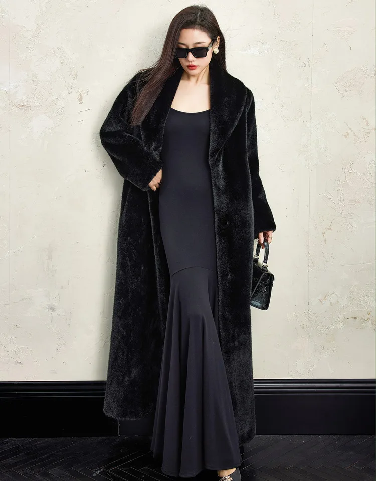 Lautaro Winter Extra Long Elegant Luxury Chic Thick Warm Soft Black Fluffy Faux  Fur Coat Women Shawl Collar Furry Overcoat 2025