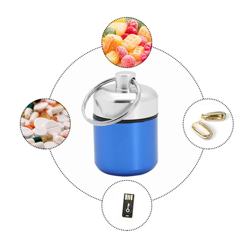 Pill Organizer Aluminum Waterproof with Sealed Storage Flat Head and Keychain for Vitamins Medicine and Fish Oils
