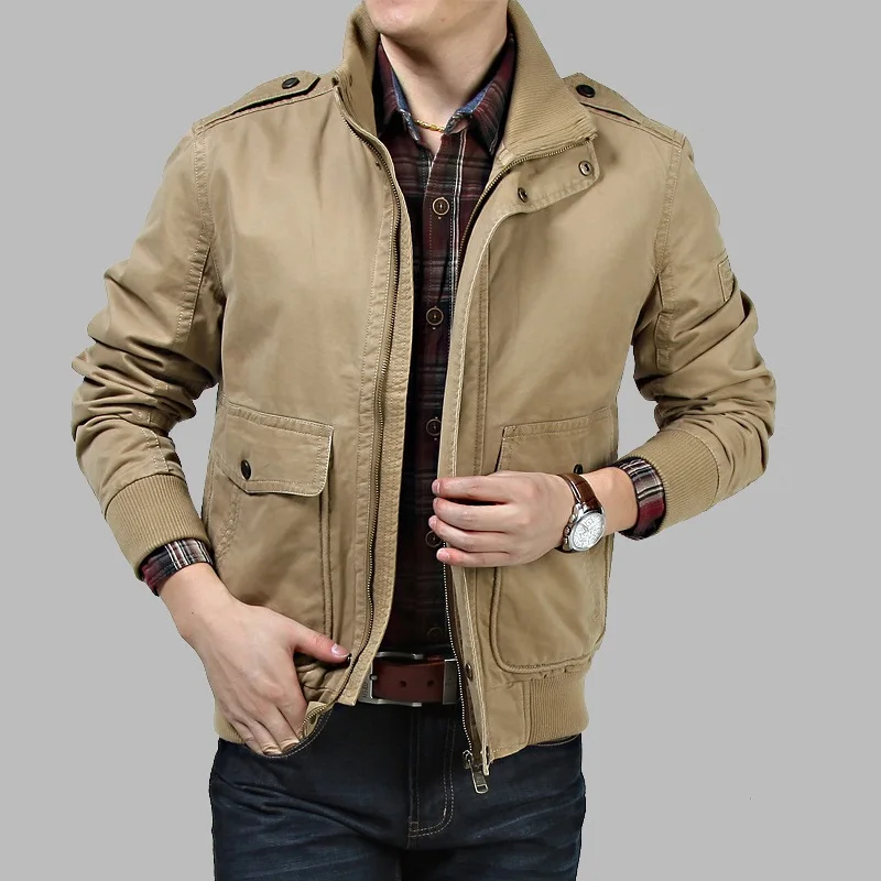 

Men's Fashion Washed Cotton Slim Stand Collar Jacket Outdoor Mountaineering Solid Color Military Jacket Men Bomber Jacket