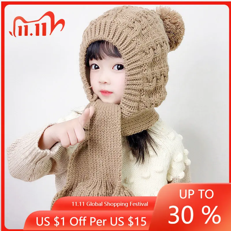 

Children Winter Hat Scarf One Piece Pompom Baby Bonnet Infant Beanie Hats for Girls Boys Snow Warm Knitted Kids Cap 2-8Y