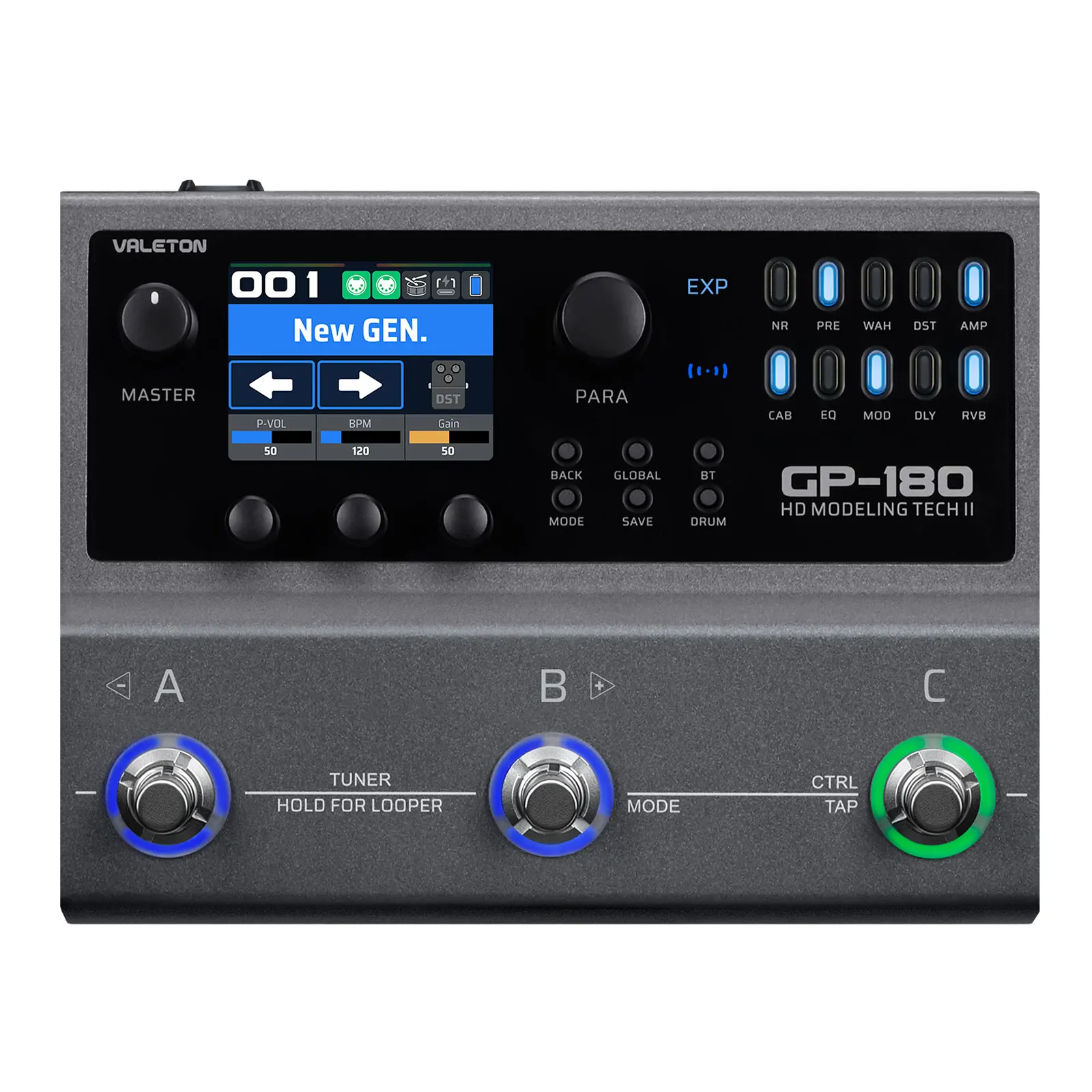 Valeton GP-180 Multi-Effects Processor pedaleira multi-efeitos para guitarra com três footswitches e tela colorida