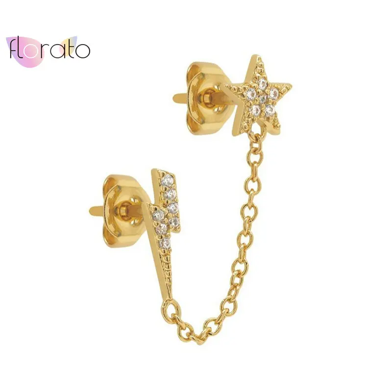 

925 Sterling Silver Delicate Star Lightning Tassel Stud Earrings For Women Minimalist Pave Crystal Chain Earrings Jewelry Gift