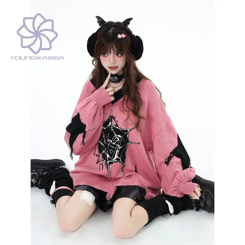 

Autumn Winter Loose Knitted V-Neck Pullover for Women 2023 Korean Fashion Long Sleeve Sweater Female Oversize Knit Tops