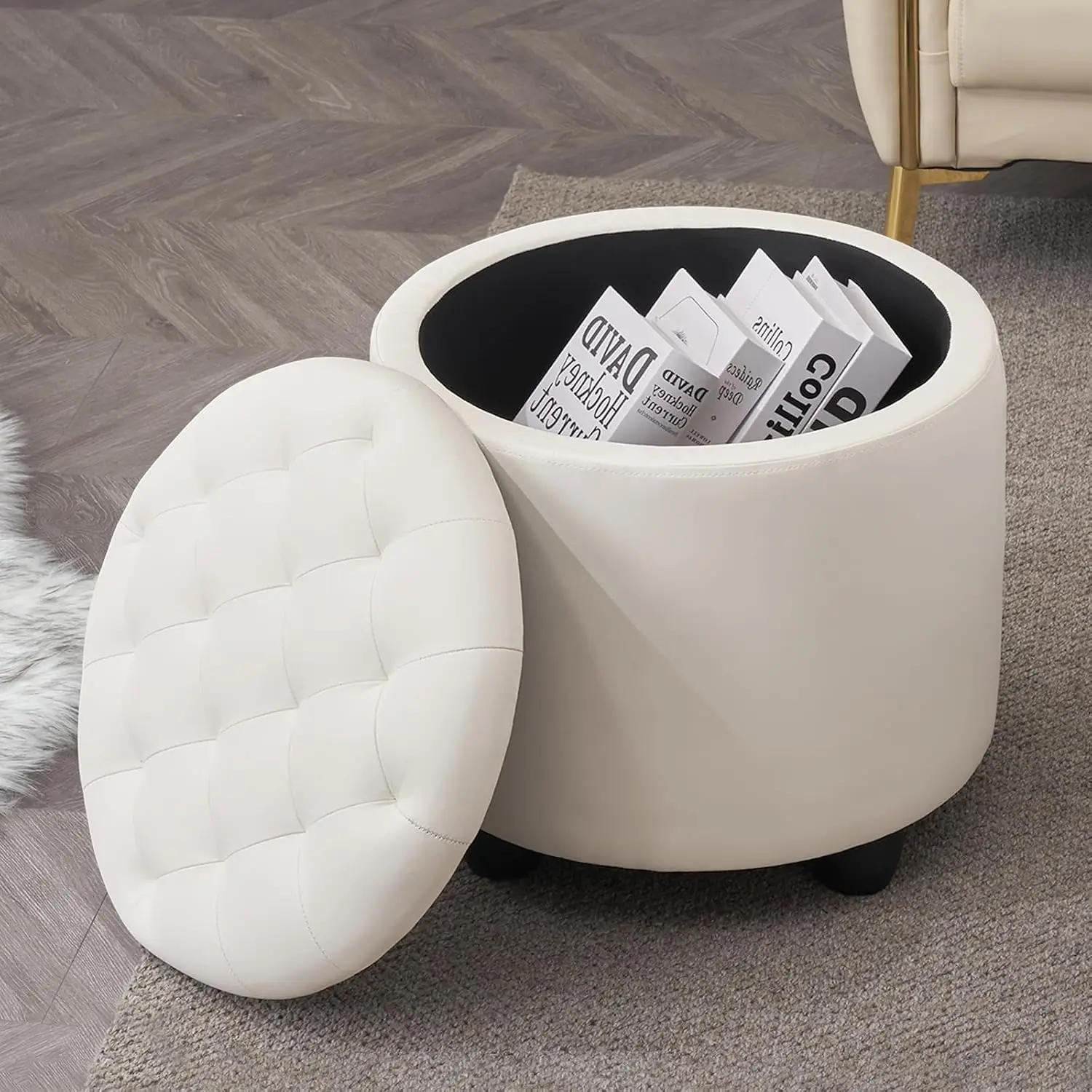 Round Storage Ottoman with Cover Lid Tufted, 19" Round Ottoman with Storage Faux Leather Ottomans