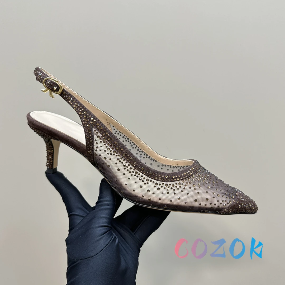Sexy Gold Mesh Pointed Toe Crystal Inlaid Slingbacks Back Trip Strap Dress Shoes Women Large Size High Heel Sandals Summer