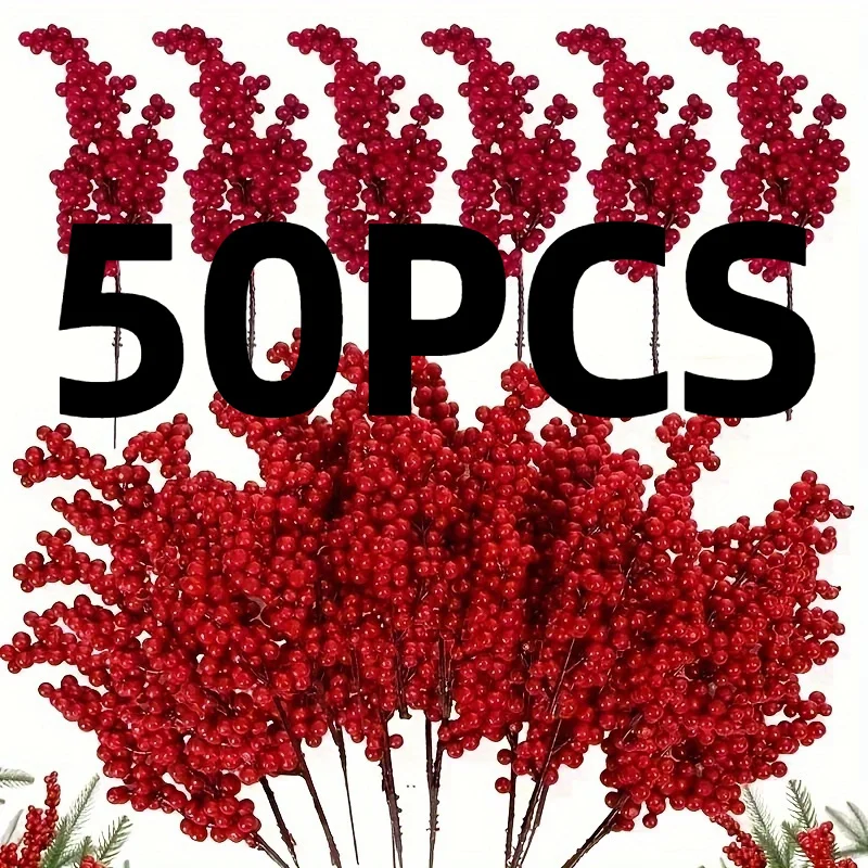 50 Stück künstliche rote Beerenzweige, Premium-Mikrofaser-Fruchtsprays, DIY-Handwerk, Weihnachtsbaum, Hochzeit, Heimdekoration, Neujahr