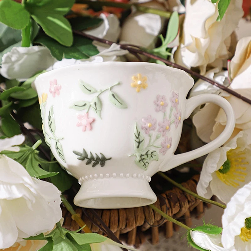 Creative Floral Pattern Cute Cups, Household Office Items Porcelain Water Mug, Minimalist style Coffee Cup and Plate Combination