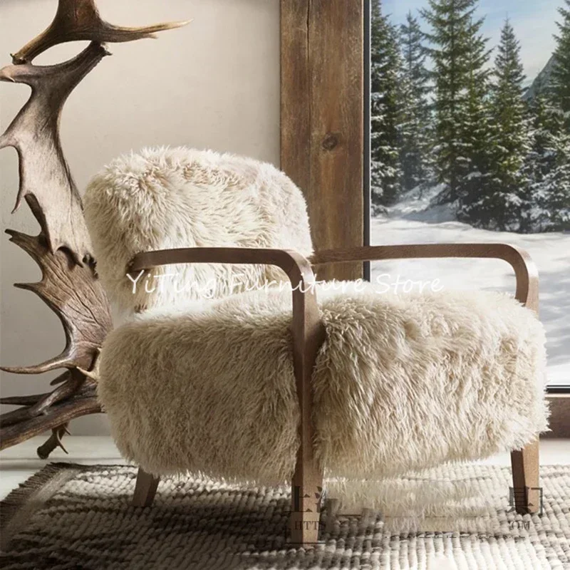 Nordic Solid Wood Imitation Wool Leisure Living Room Chair Modern Simple Designer Lazy Single Sofa Chair Sillas Furniture