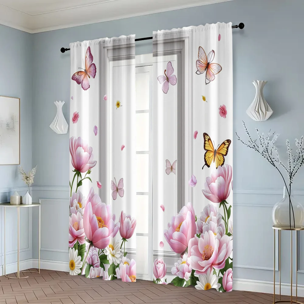 2pcs, Window Curtain Floral and Butterfly Print Polyester Easy Install (without rod) Versatile All Use for Bedroom & Living Room 6