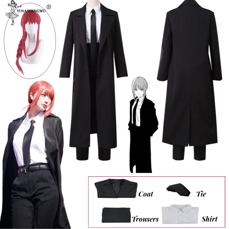 

Chainsaw man Makila cosplay costume black trench shirt tie pant men women suits Halloween uniform wig Anime Comic Makila cosplay