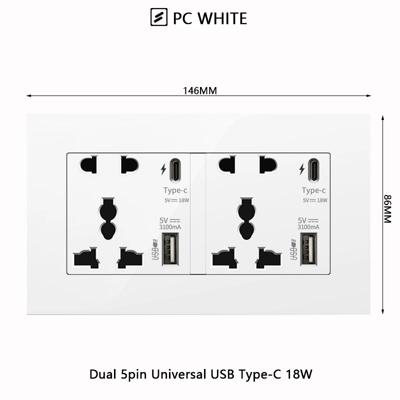 Dual 5-Pin, Universal, Carga Rápida, UE, RU, FR, Padrão, DC, 5V, 3.1A, 18W