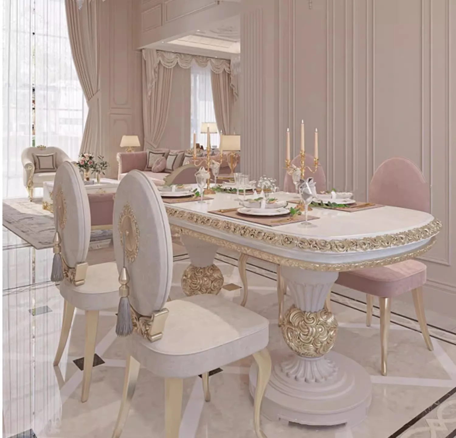 French light luxury court style dining table and chair combination solid wood carving flower oval high-end villa European luxury