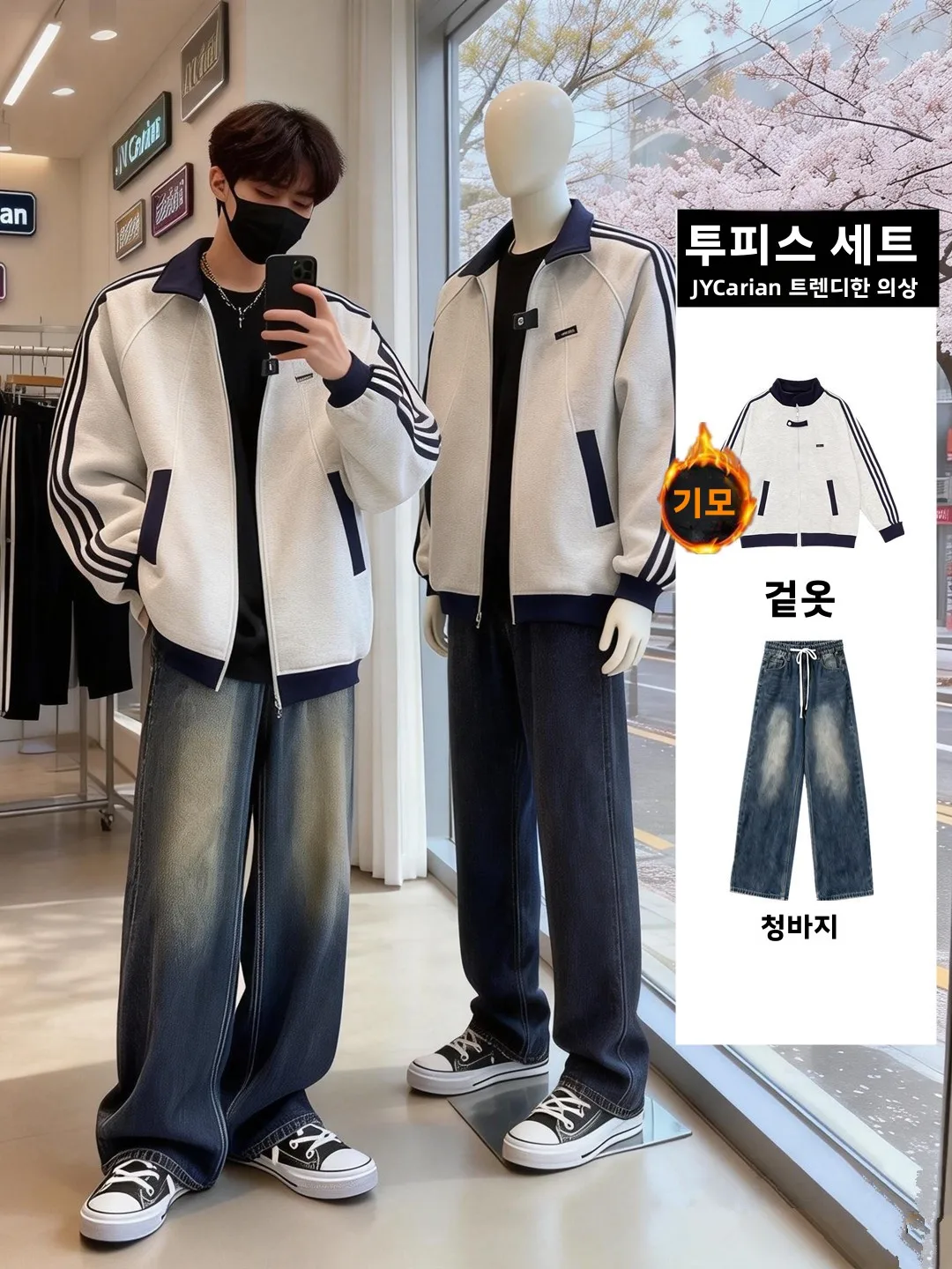 겨울 양털 안감 스트라이프 패치워크 야구 재킷 남성 데님 의상 십대 패션 캐주얼 스포츠웨어 긴팔 바지
