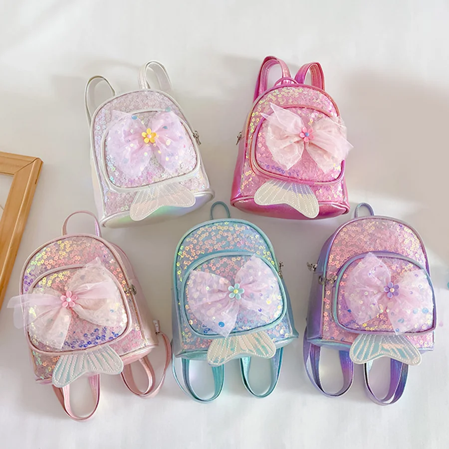 

Girls Backpack Cute Fishtail Baby Girls Sequin Bow Fishtail Design Zipper Closure Leather Cute Mini School Bag Gift