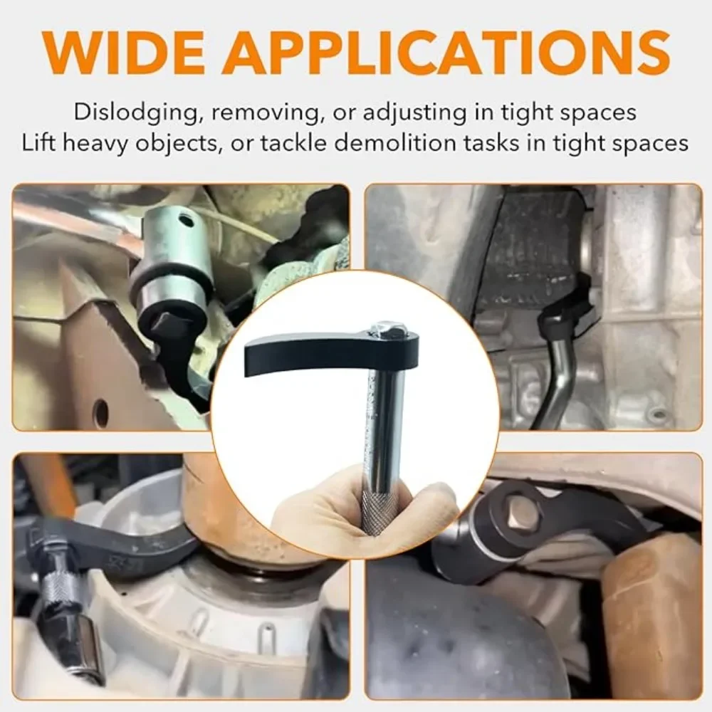 Utilisation d'une clé à levier professionnelle 5 pouces pour démonter une pièce automobile, main gantée en action.