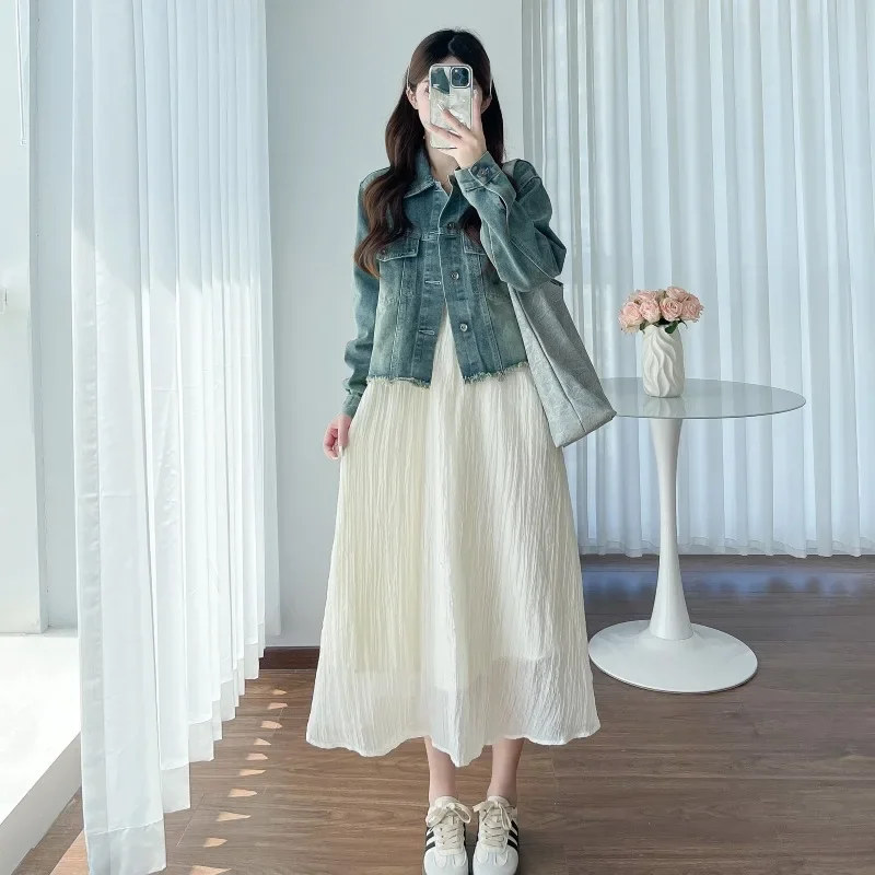 Maternity Clothes Collection Chiffon Tank Dress Denim Jacket 2-Piece Set Suit For Pregnant Women