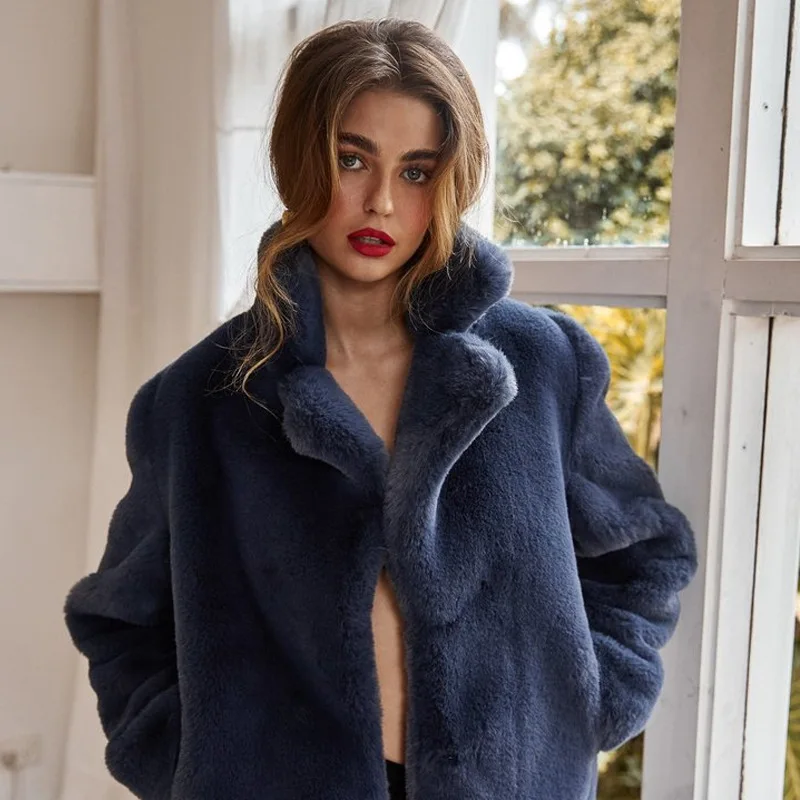 Wepbel  Short Street Hipster Rex Rabbit Fur Jackets Patchwork Long Sleeve Faux Fur Belt-FreeFaux Fur Blue O-Neck Fur Coats