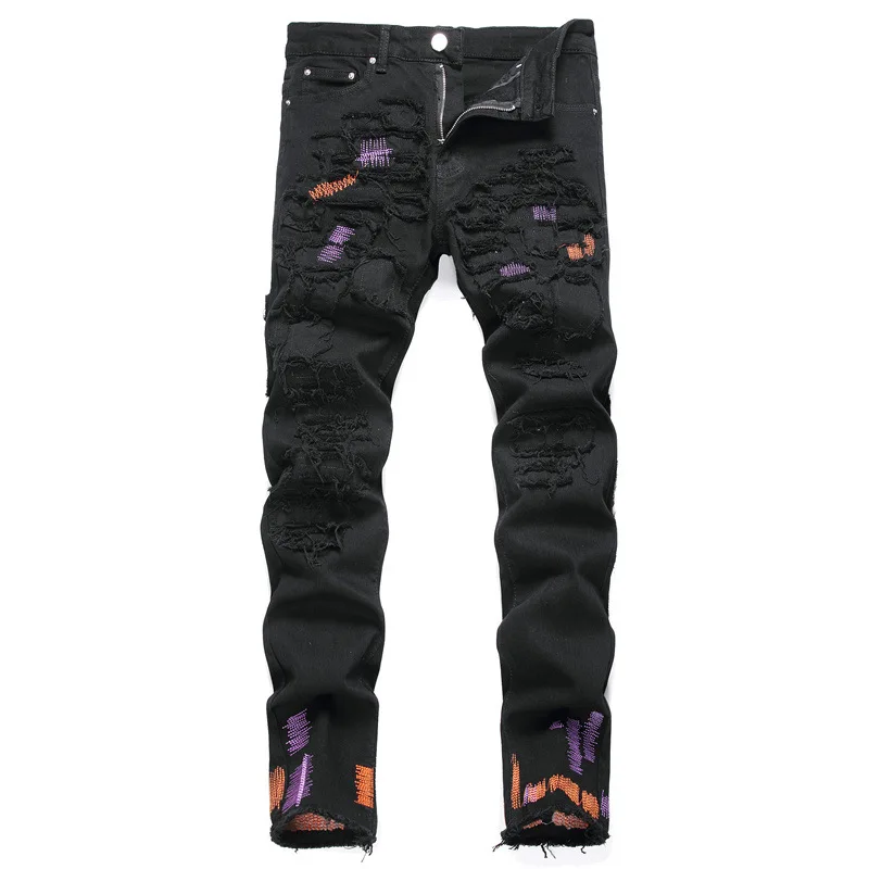 

European American Style New Spring Autumn Brand Men's Holes Jeans Small Feet Cotton Trousers Middle Waist Men's Black Trousers