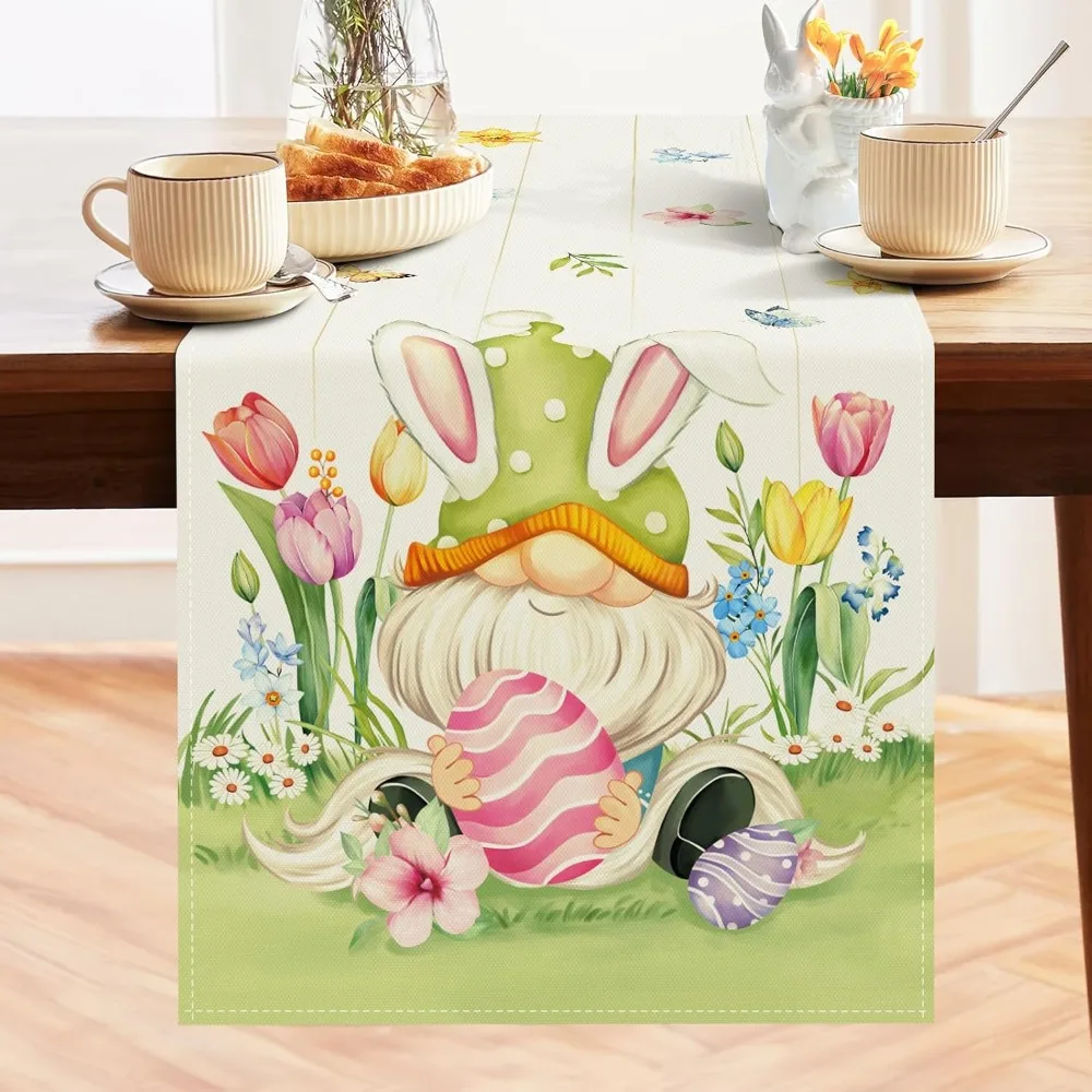 Easter Bunny Gnome Table Runner 13x72 Inch Eggs Rabbit Ears Floral Spring Seasonal Holiday Kitchen Dining Table Decoration 4