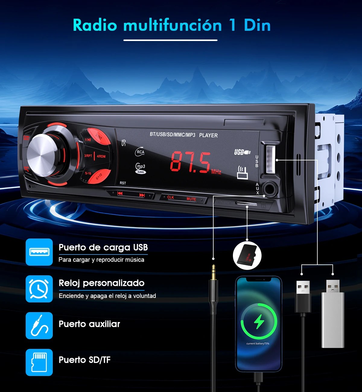 1 din car stereo Bluetooth Car Stereo with USB Inputs, Smartphone Connectivity, Hands-Free Calling，12V In-dash