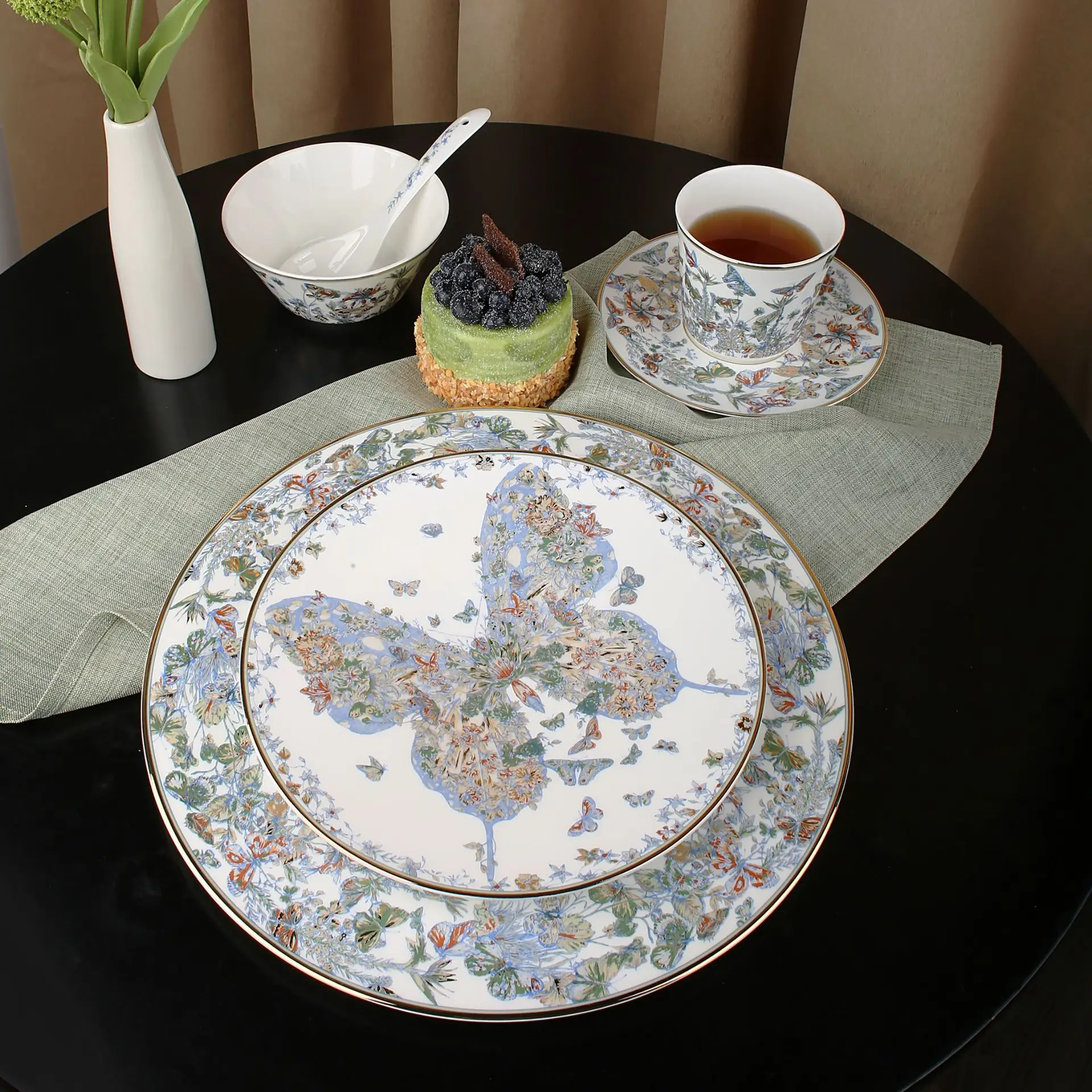 High bone China blue butterfly grammar tableware retro light luxury plate European home dining bowl spoon Western plate set