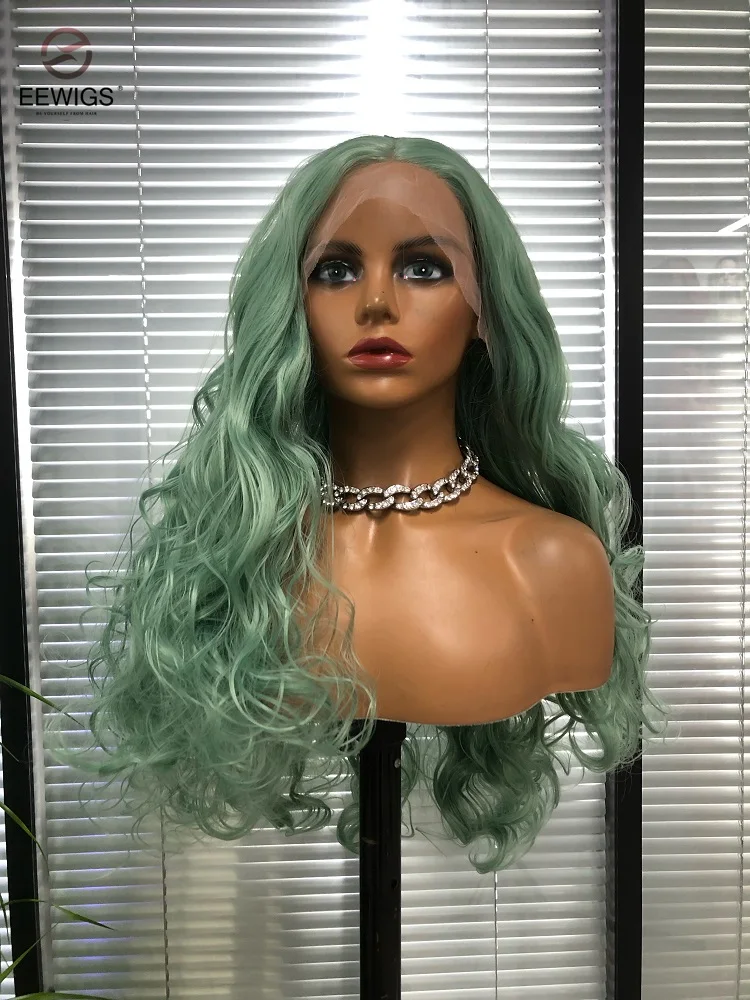 

EEWIGS Cosplay Synthetic Lace Front Figs For Women Curly Green Wig Glueless Wigs Drag Queen High Temperature Resistance