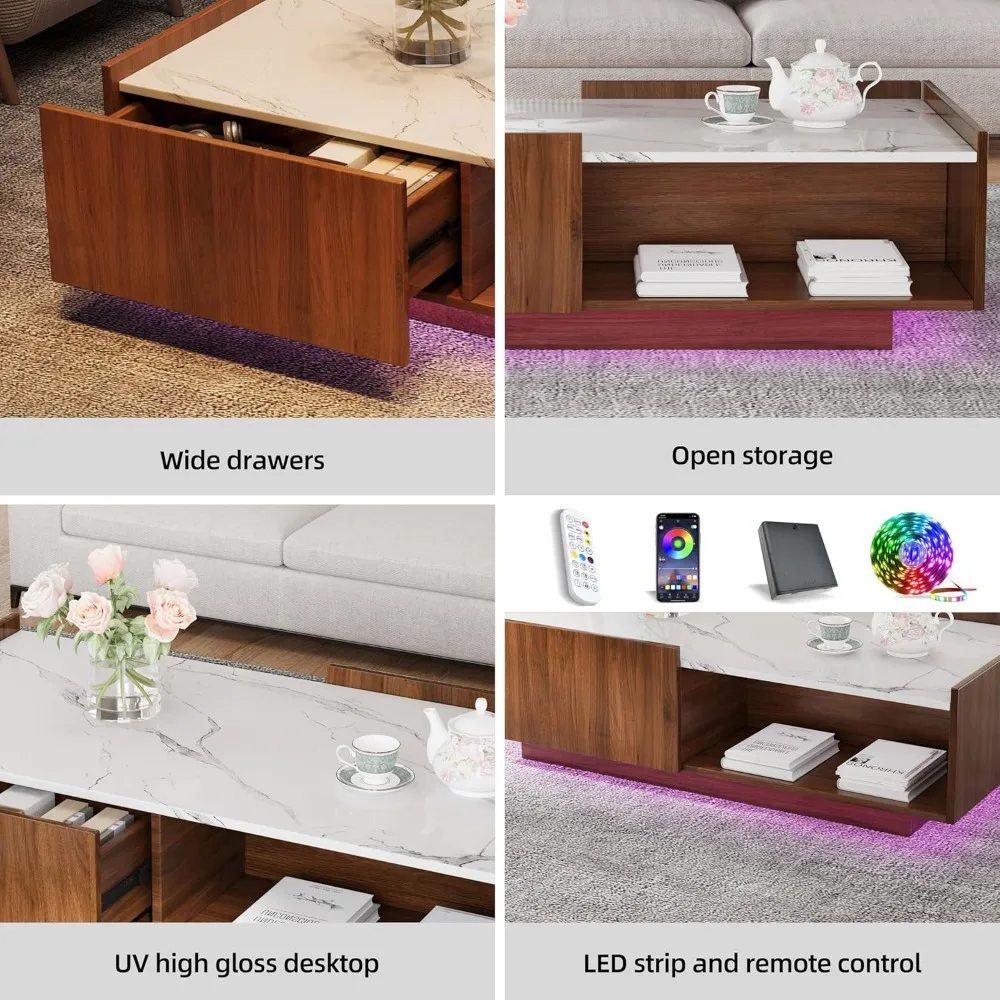 Mid Century TV Stand and Coffee Table Set of 2 65" Modern High Gloss Entertainment Center LED 47.2" Center Table drawers