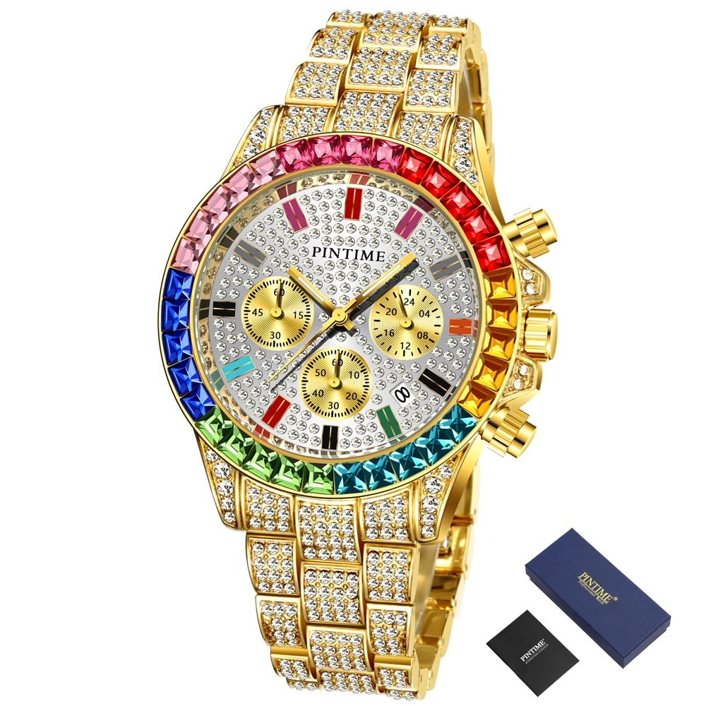 

PINTIME Luxury Brand Mens Watches Diamond Chronograph Iced Out Watch Men Gold Stainless Steel Clock Hip Hop Relogio Masculino