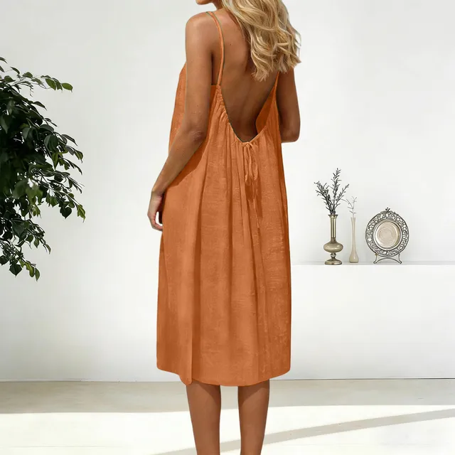 Robe sexy dos nu pour femmes, couleur unie, coupe ample, sans manches, robe courte réglable avec bretelles, robe d'été pour vacances à la plage