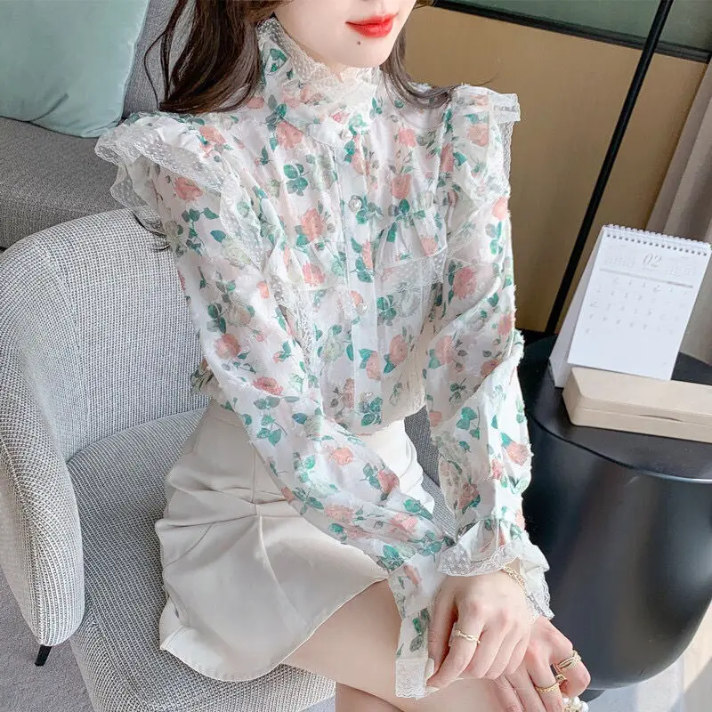 

Standing Collar Vintage Chiffon Shirt Women Spring Dress 2023 Spring New French Style Unique Design Sense Small Panel Blouse Top