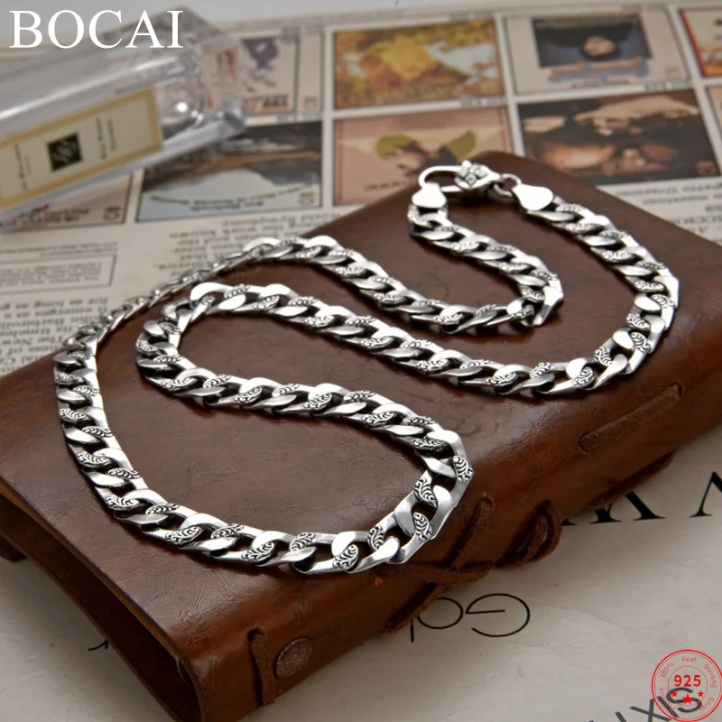 

BOCAI S925 Sterling Silver Charms Bracelets for Women Men New Fashion Eternal Rattan 8mm Flat Tank-chain Necklace Free Shipping