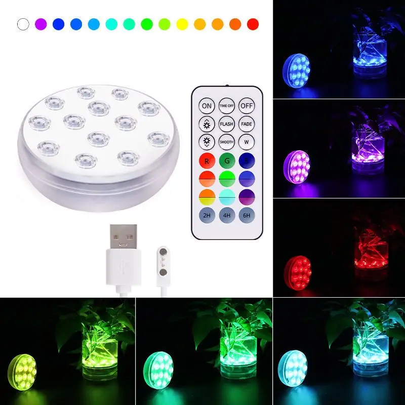 

New 13LED USB Rechargeable Submersible LED RGB IP68 Waterproof Underwater Night Lamp Tea Light Vase Bowl Party Wedding Christmas
