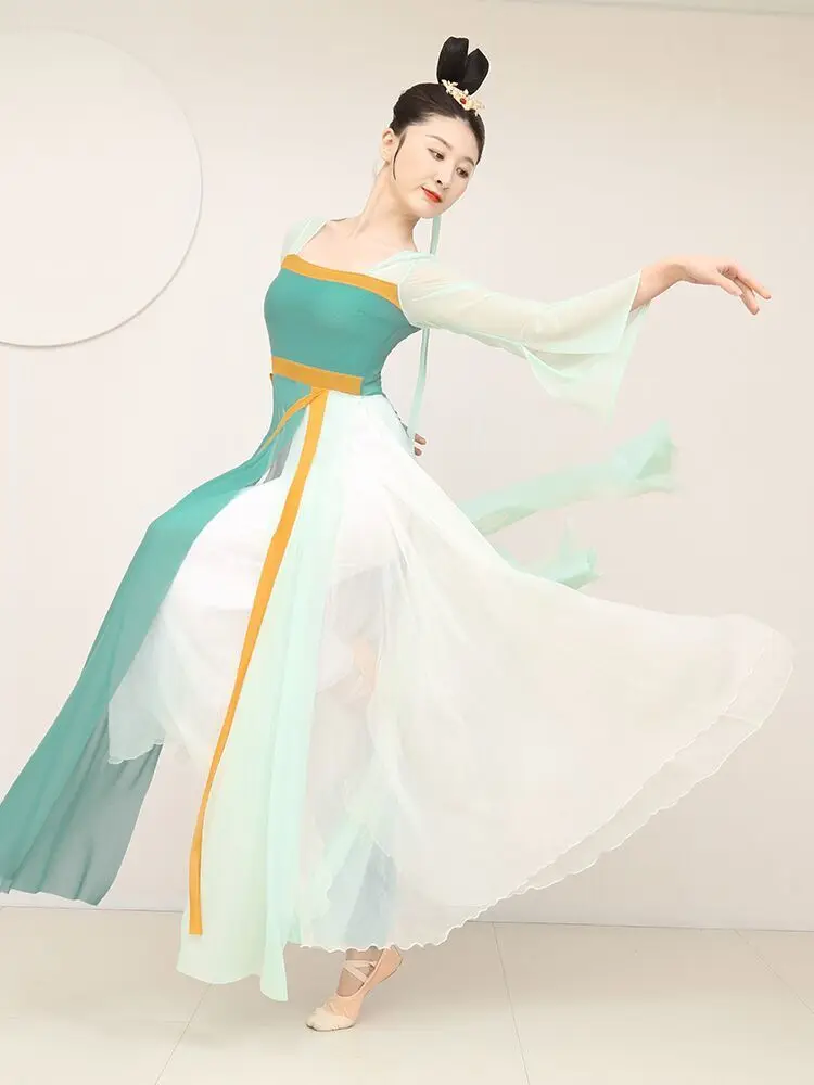 

Китайское классическое танцевальное платье, костюмы для выступлений, сетчатая газовая зеленая тренировочная одежда, элегантная длинная стильная художественная юбка ханьфу