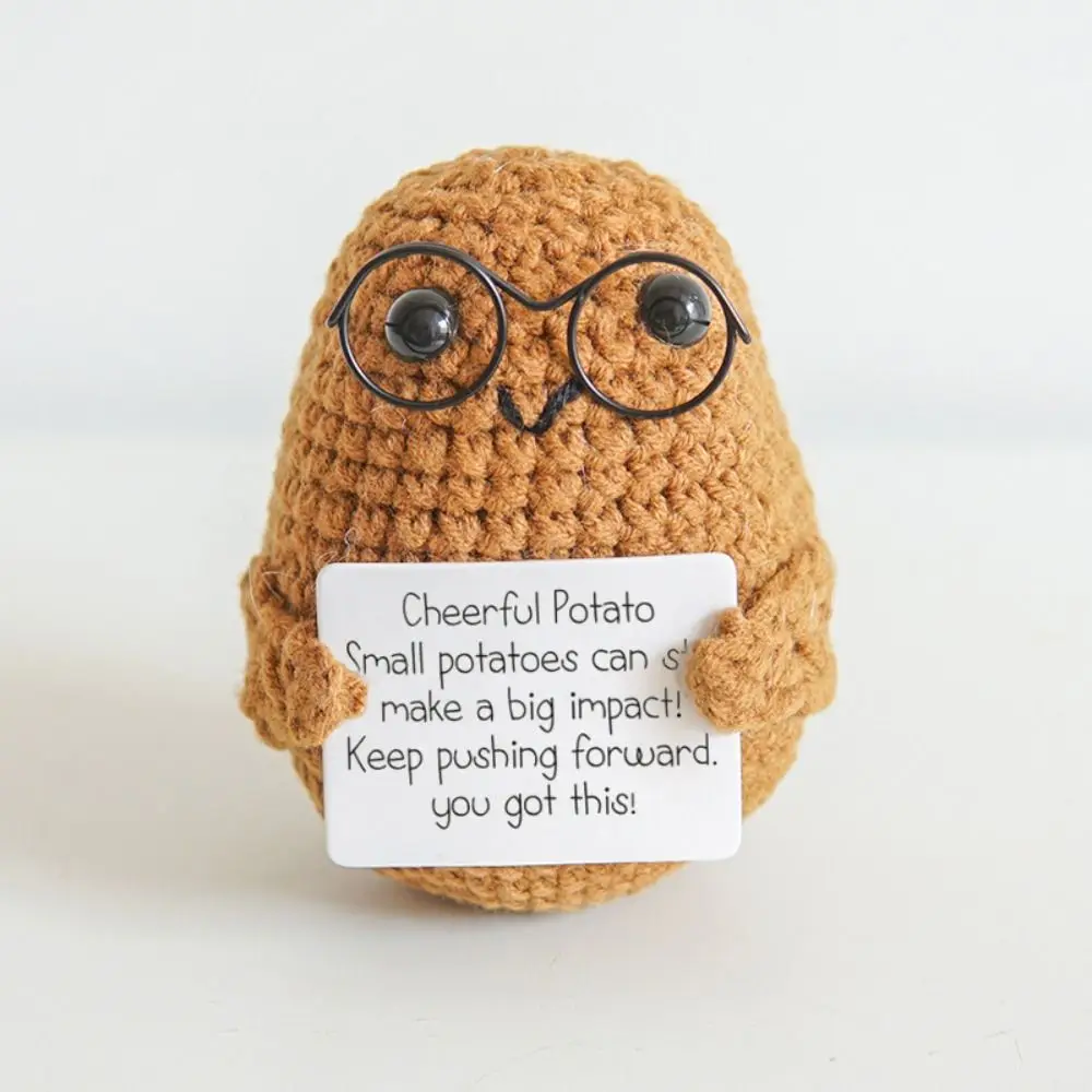 Cheerful Potato Wool Knitted Doll with Motivational Affirmation Card