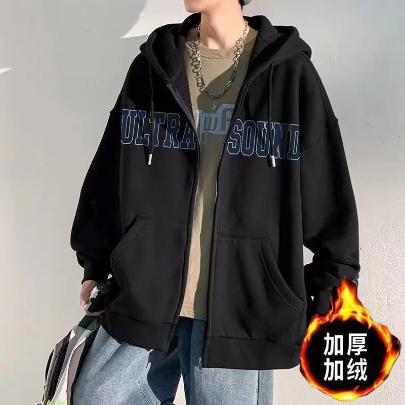 Fanceey 캐주얼 남성 플러시 안감 후드 자켓 지퍼 업 스웨트 따뜻한 겨울 코트 streetwear 패션 풀오버 겉옷 청소년