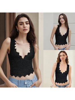 Women Sleeveless Lace Tank Tops Deep V-Neck Casual Vests Summer Fashion Streetwear Camisole Shirts Trendy Blouses 3
