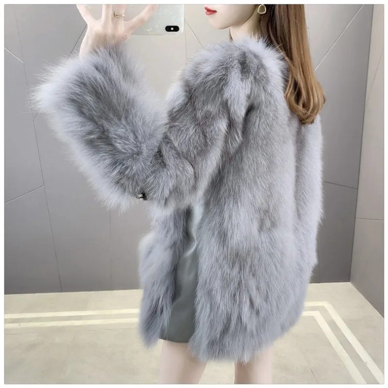 2023 Winter New Women Faux Fur Coat Thicken Warm Slim Fit Outwear Fashion Patchwork V-neck Jacket Mid Length Version Outcoat