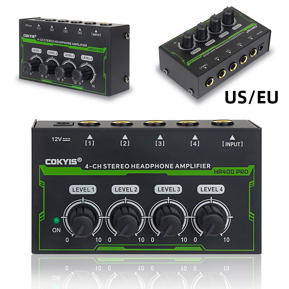 4-Channel Mini Headphone Amplifier with Power Adapter Ultra-Compact Stereo Audio Amplifier Stereo Headphone for Music
