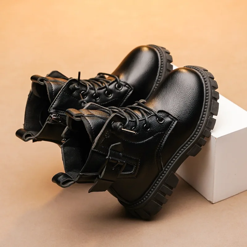 

Black Boots for Girls Kids Fashion Rubber Soled Boots Autumn and Winter Cotton Boots for Children Boys Causal Solid Color Shoes