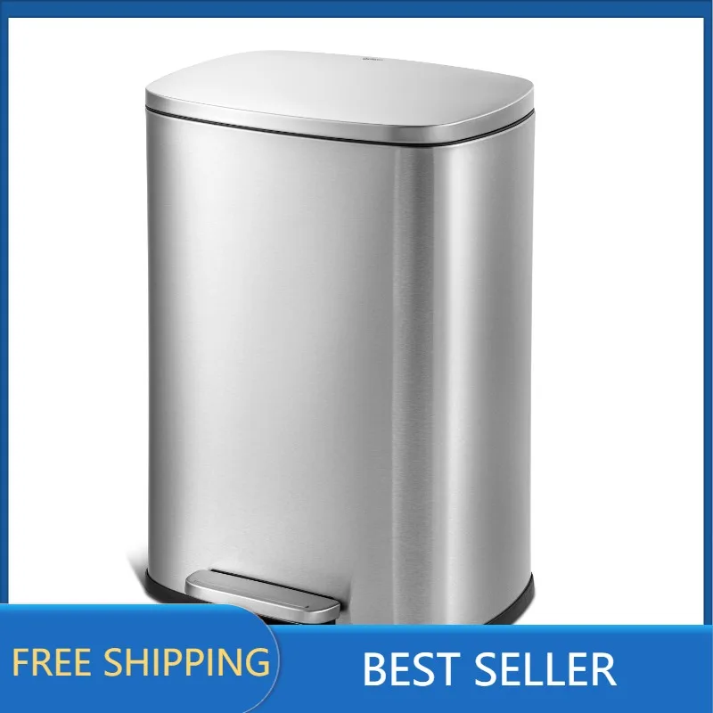 

Kitchen & Dining Qualiazero 13.2 Gallon Trash Can, Rectangular Step On Kitchen Trash Can, Silver